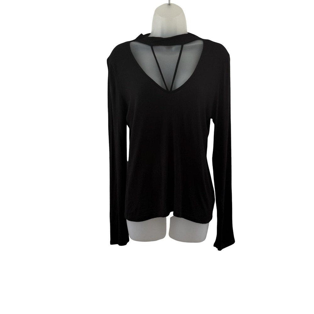 Project Social T Shirt Womens Medium Black Cutout Strap V Neck Long Sleeve